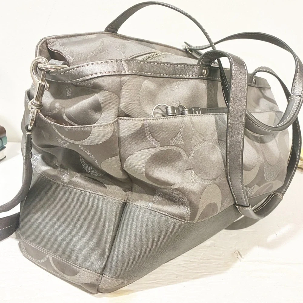 COACH GRAY Signature Stripe Carryall Diaper‎ Bag Canvas Large Tote